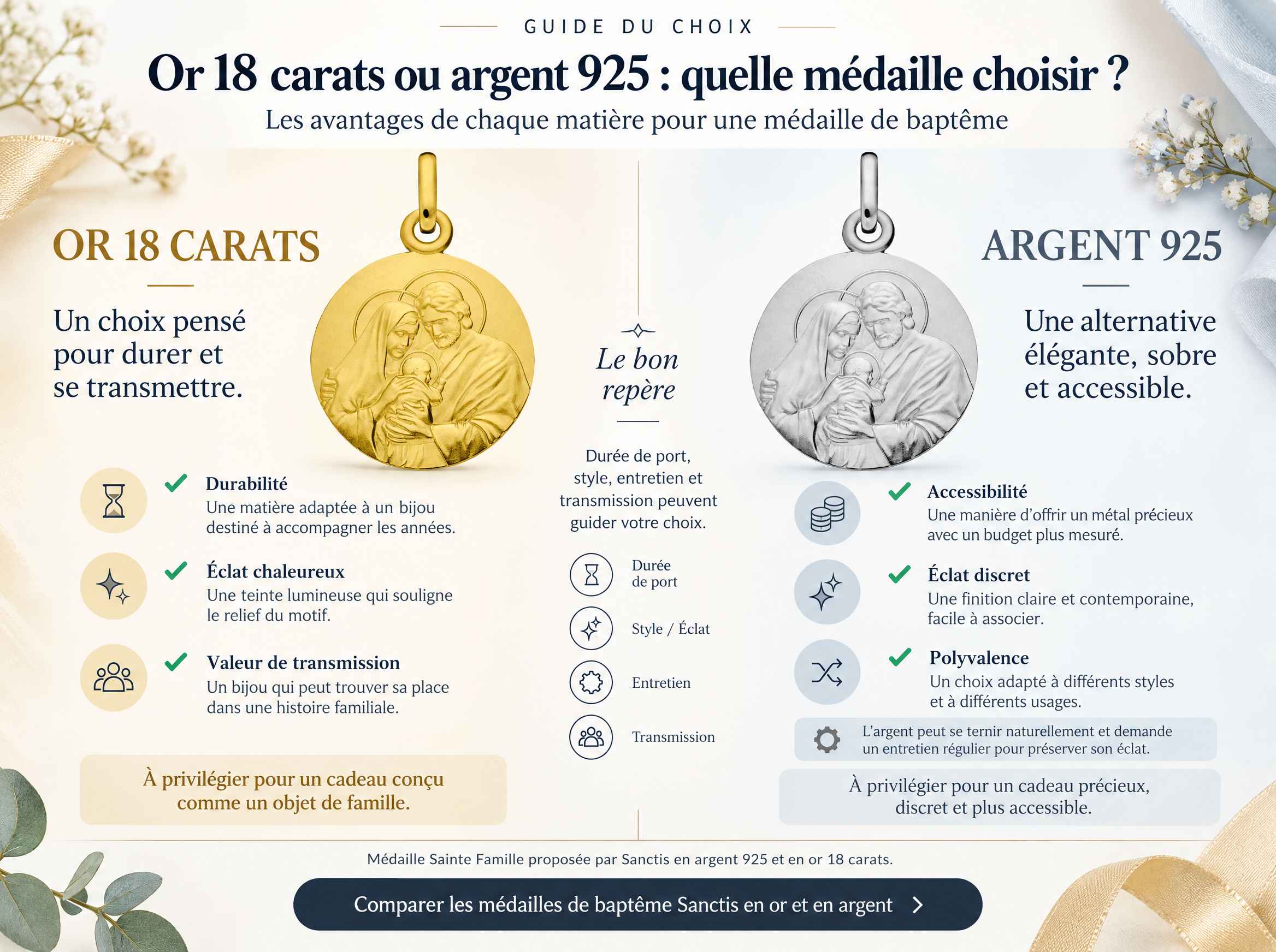 Comparatif entre une médaille Sainte Famille Sanctis en or 18 carats et en argent 925